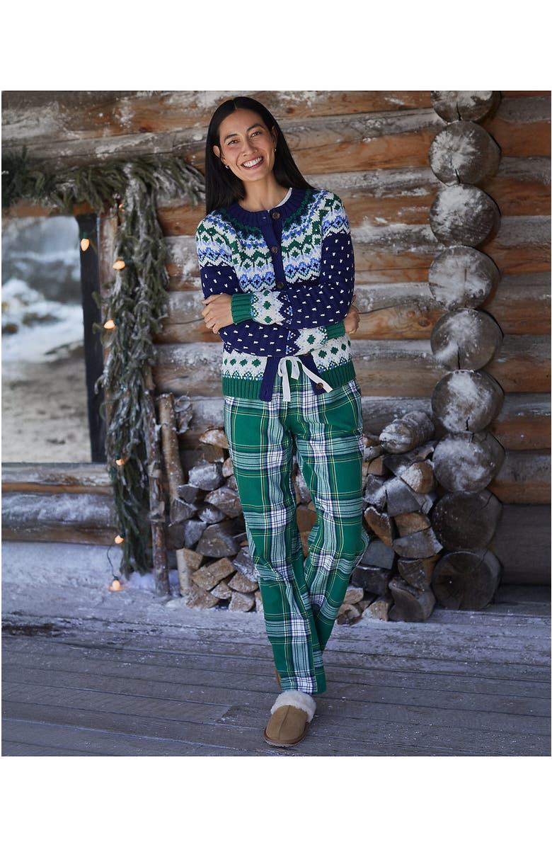 Lands' End Pajama Set Knit Long Sleeve T-Shirt and Flannel Pants, Alternate, color, Light Emerald Plaid