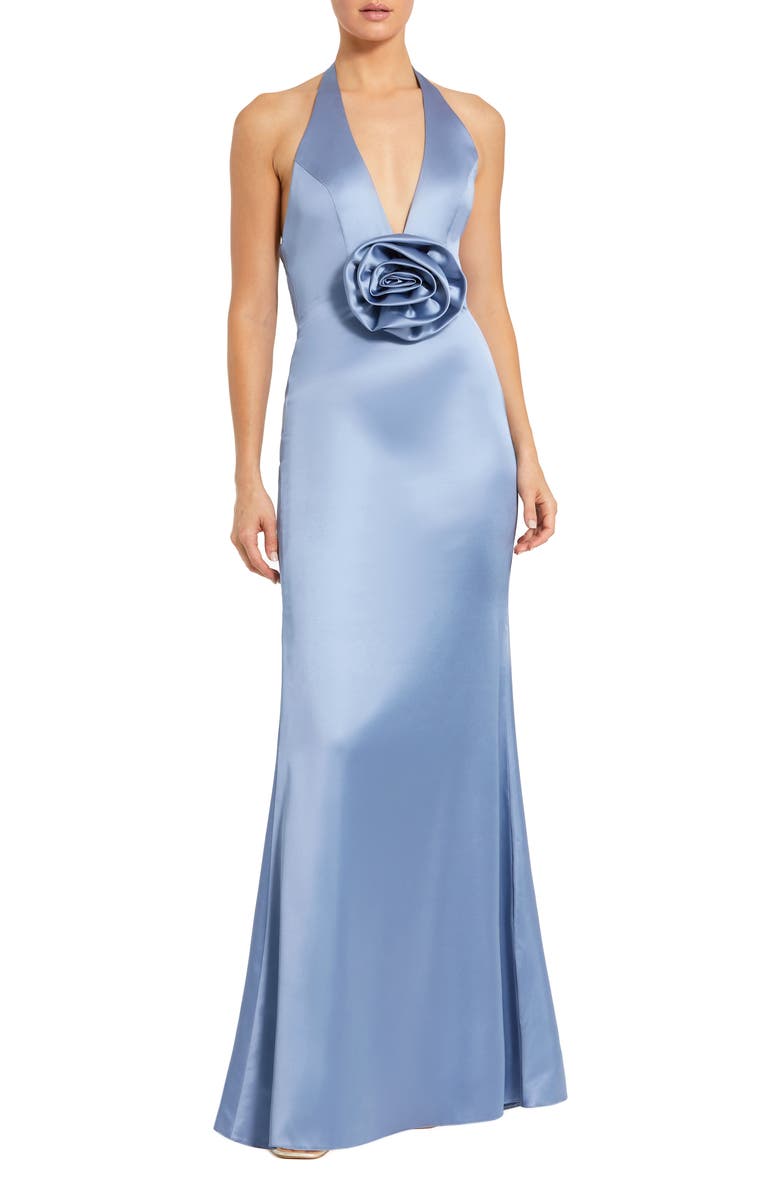 Mac Duggal Women's Fitted Satin Sleeveless V Neck Gown With 3D Flower, Main, color, Slate Blue