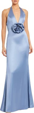 Mac Duggal Women's Fitted Satin Sleeveless V Neck Gown With 3D Flower