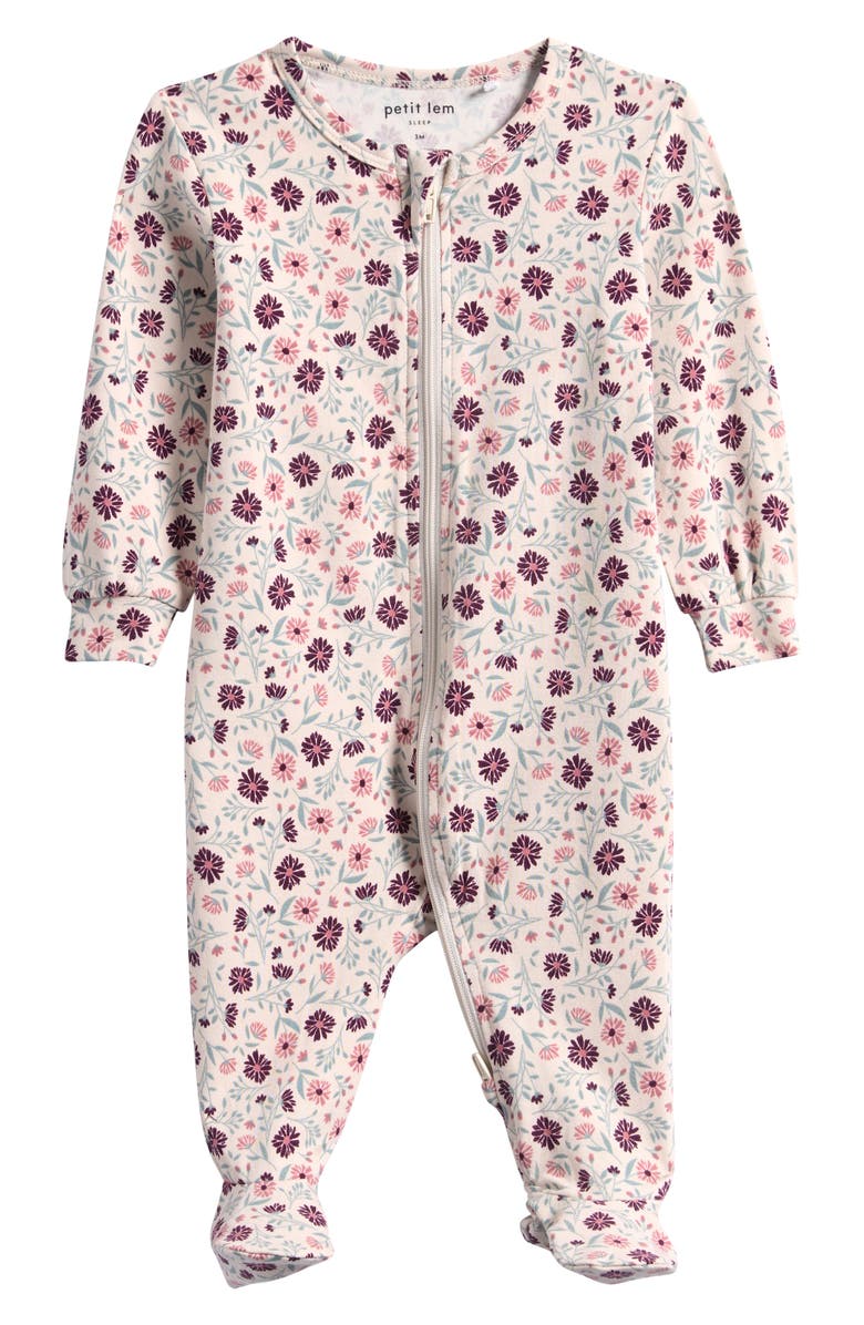 FIRSTS by Petit Lem Poppy Floral Print Fitted Footie Pajamas, Main, color, Beige