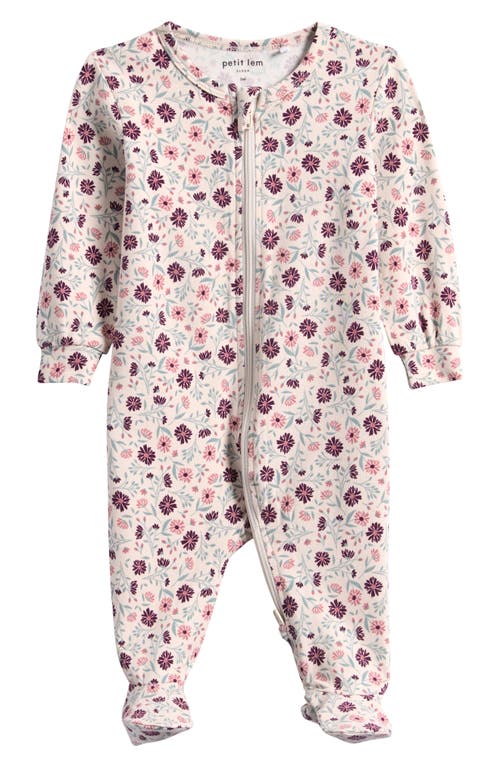 FIRSTS by Petit Lem Poppy Floral Print Fitted Footie Pajamas in Beige 