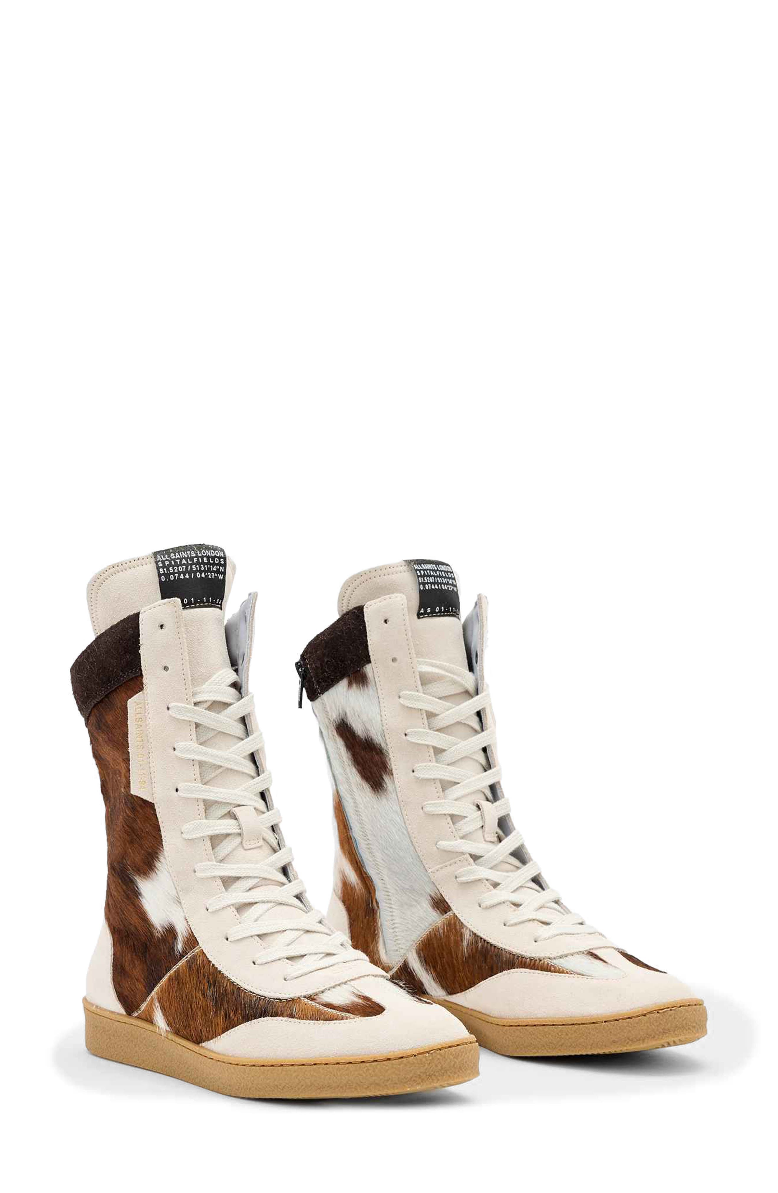 AllSaints Louise Genuine Claf Hair High Top Sneaker, Main, color, Cow Print