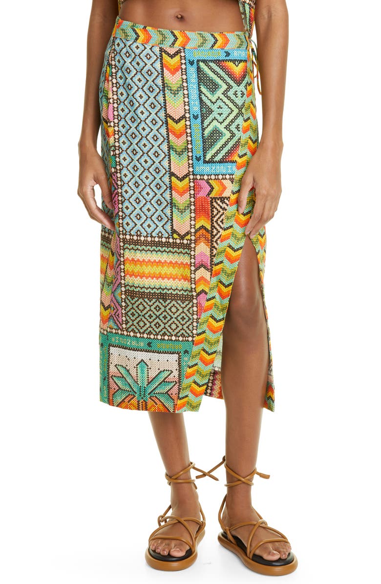 FARM Rio Mix Scarf Print Linen Wrap Skirt, Main, color, 