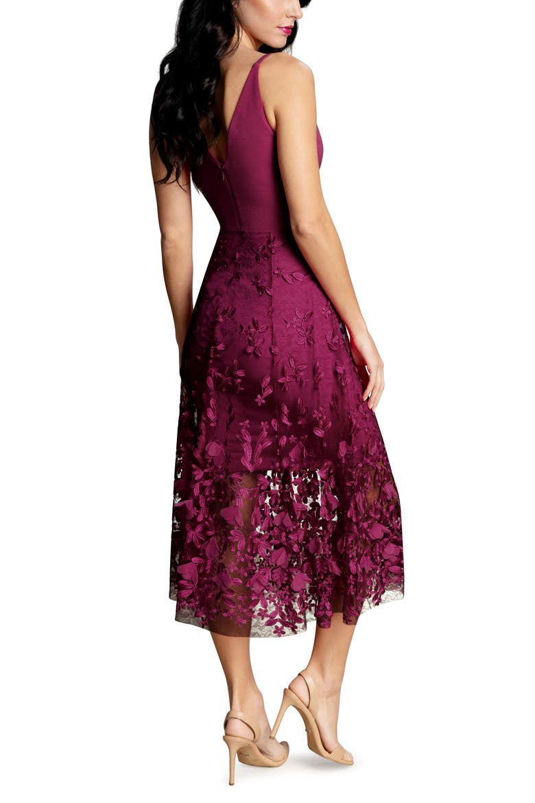 Darleen V-Neck Embroidered Mesh Cocktail Dress, Alternate, color, DARK MAGENTA