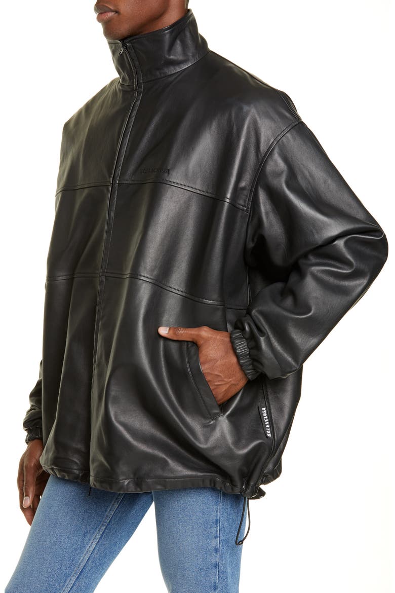 Oversize Lambskin Leather Track Jacket, Alternate, color, BLACK