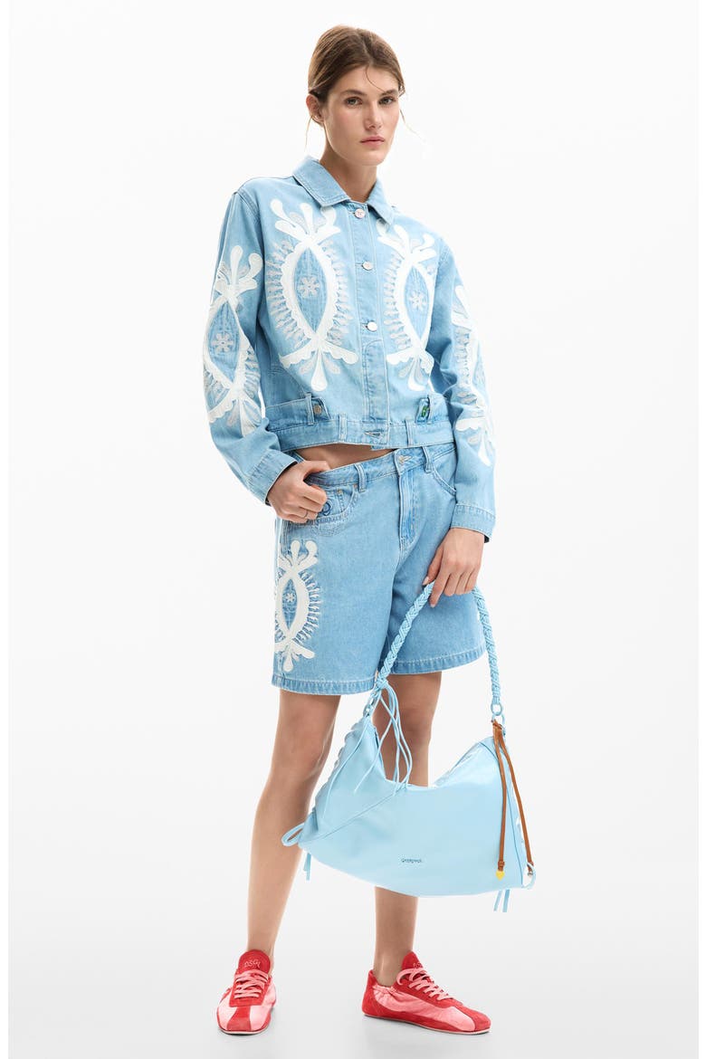 Appliqué High Waist Denim Shorts, Alternate, color, MEDIUM BLUE
