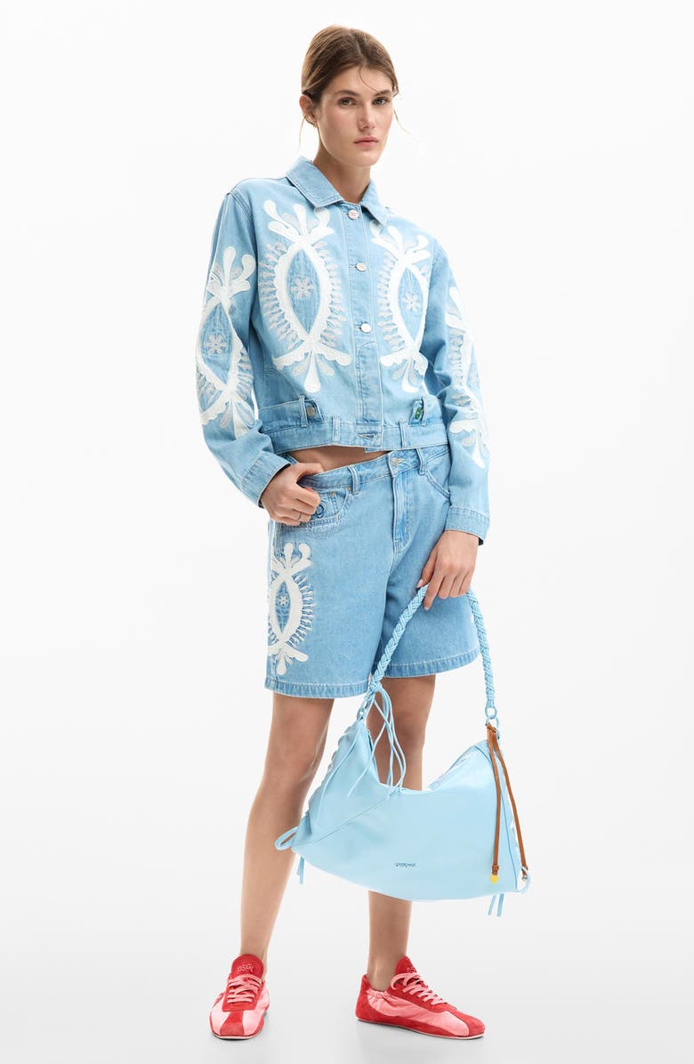 Desigual Appliqué High Waist Denim Shorts, Alternate, color, Medium Blue