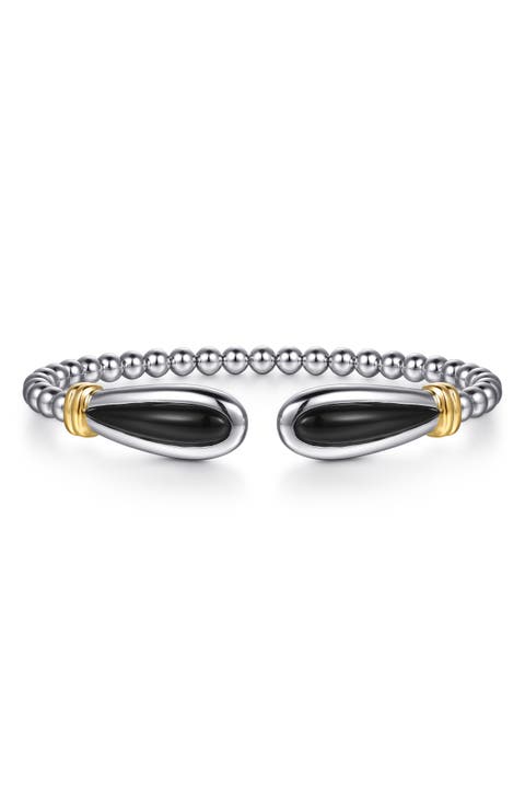 Bujukan Black Onyx & 14K Gold Beaded Sterling Silver Bangle Bracelet
