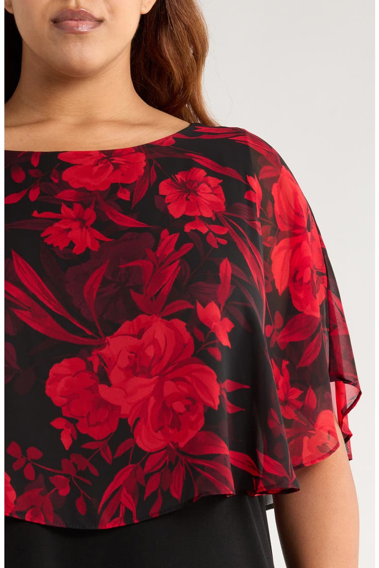 Floral Cape Bodice Dress, Alternate, color, RUBY
