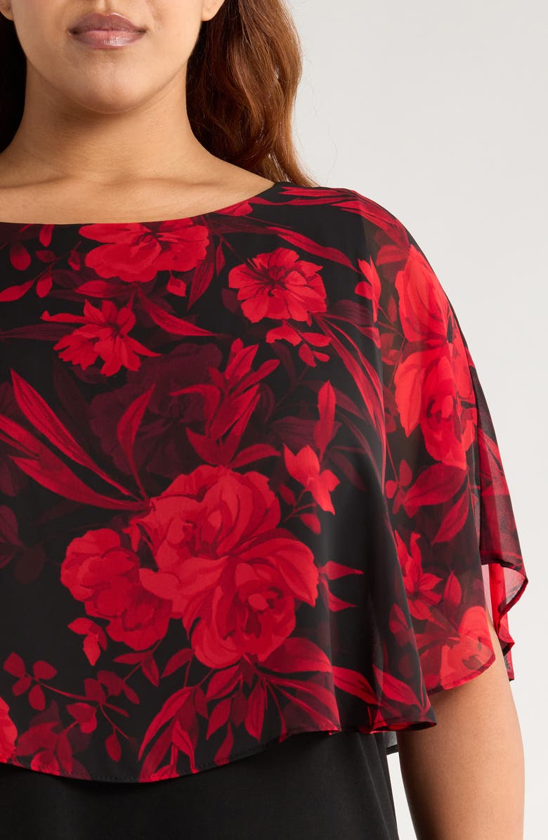 Connected Apparel Floral Cape Bodice Dress, Alternate, color, Ruby