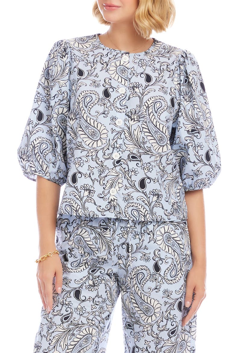 Puff Sleeve Button-Up Top, Alternate, color, BLUE PAISLEY