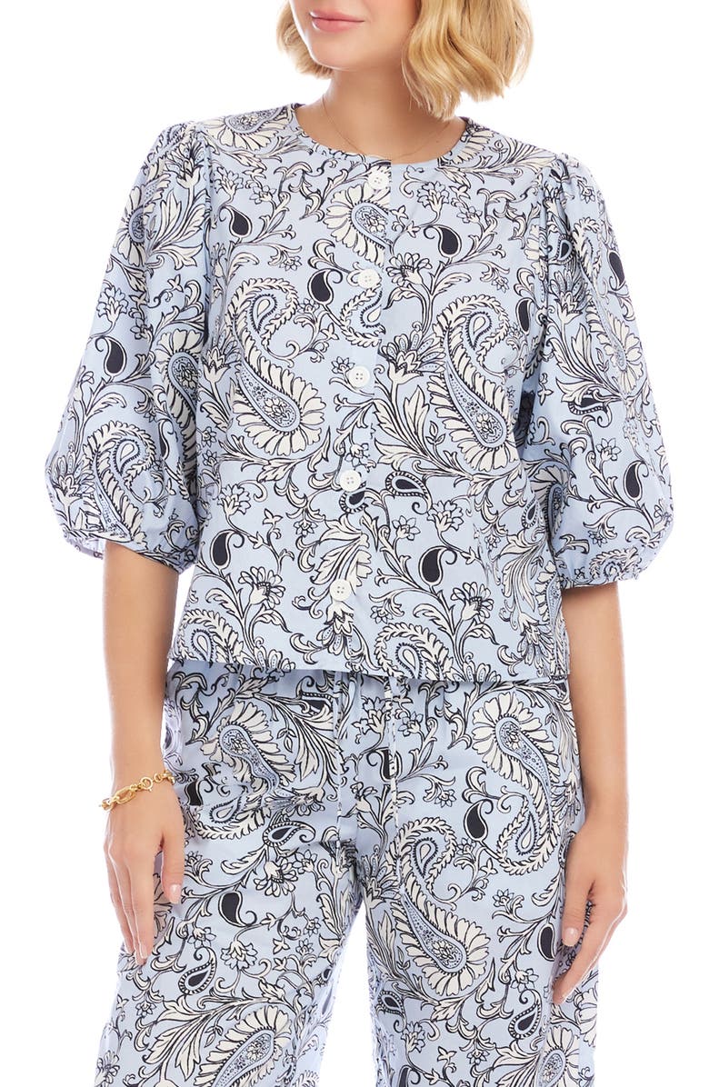 Karen Kane Puff Sleeve Button-Up Top, Alternate, color, Blue Paisley