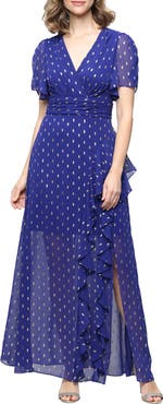 SL FASHIONS Short Sleeve Foil Dot Chiffon Gown