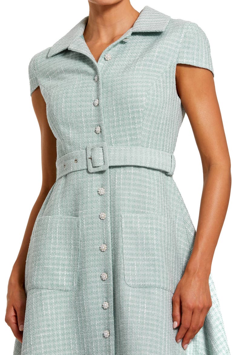 Women's Belted Boucle Cap Sleeve Button Up Midi Dress, Alternate, color, Seafoam