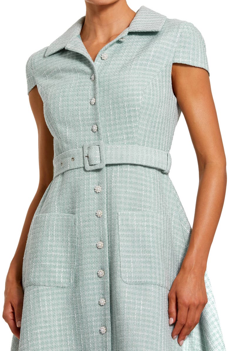 Mac Duggal Women's Belted Boucle Cap Sleeve Button Up Midi Dress, Alternate, color, Seafoam