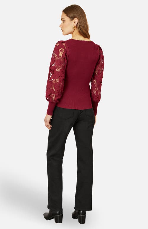 Yumi Ribbed Knitted Lace Sleeve Top In Burgundy