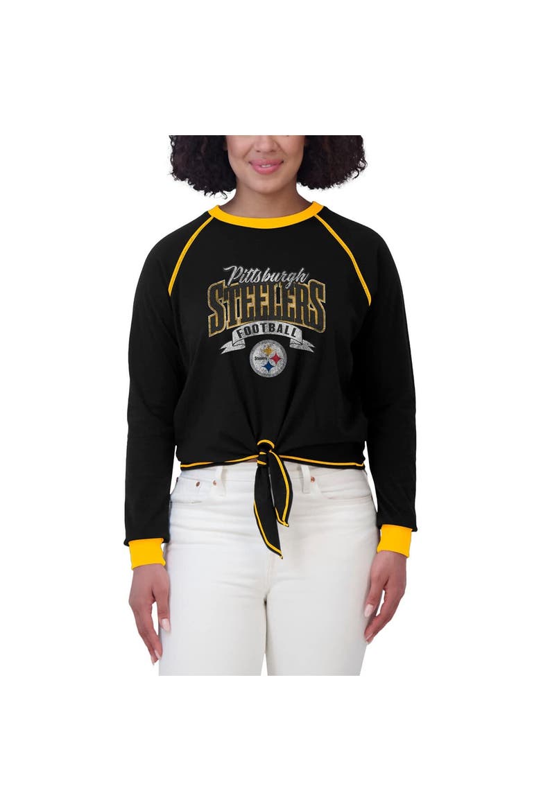 Women's WEAR by Erin Andrews Black/Gold Pittsburgh Steelers Tie-Front Long Sleeve Top, Alternate, color, Black