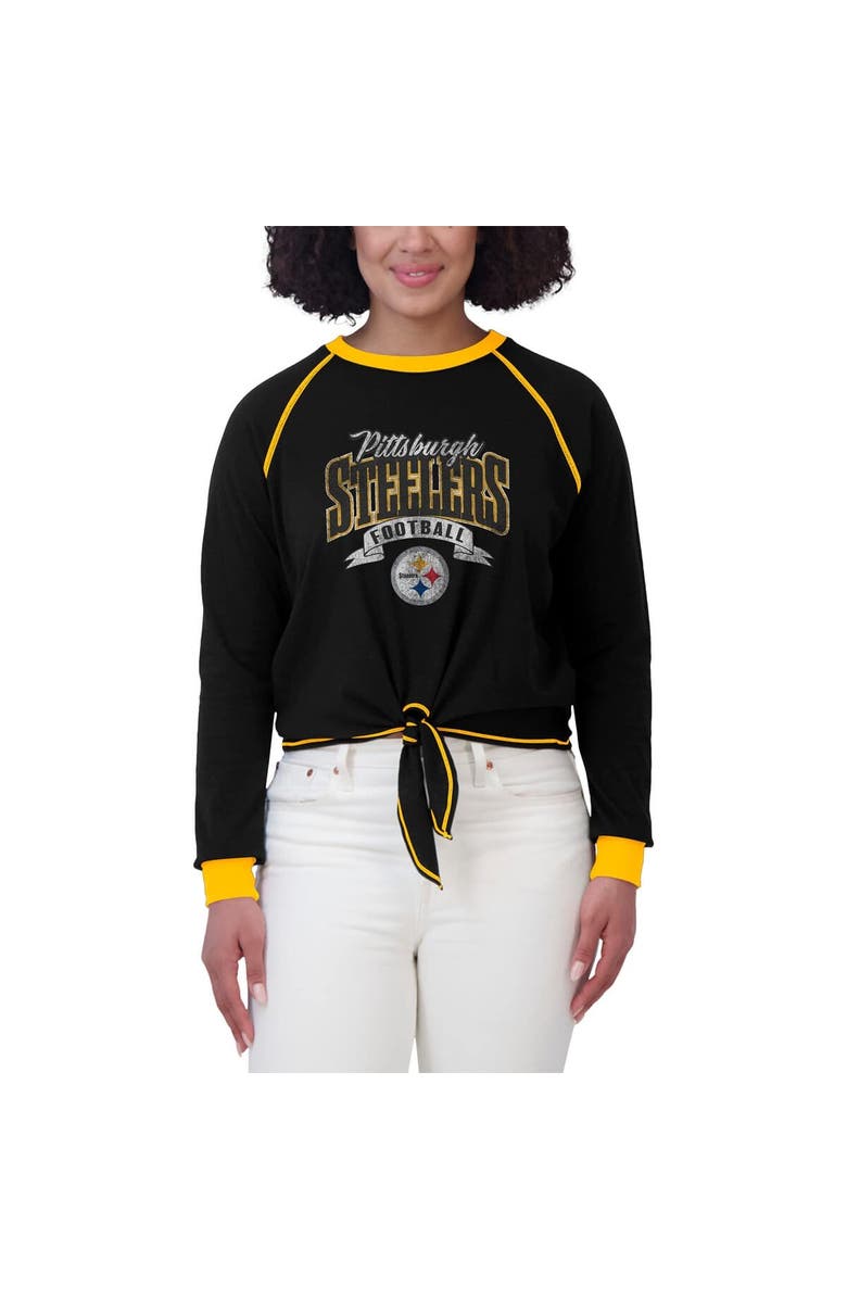 WEAR by Erin Andrews Women's WEAR by Erin Andrews Black/Gold Pittsburgh Steelers Tie-Front Long Sleeve Top, Alternate, color, Black