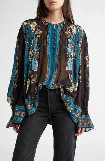 FARM RIO FARM RIO BLOSSOM TAPESTRY SMOCKED TOP