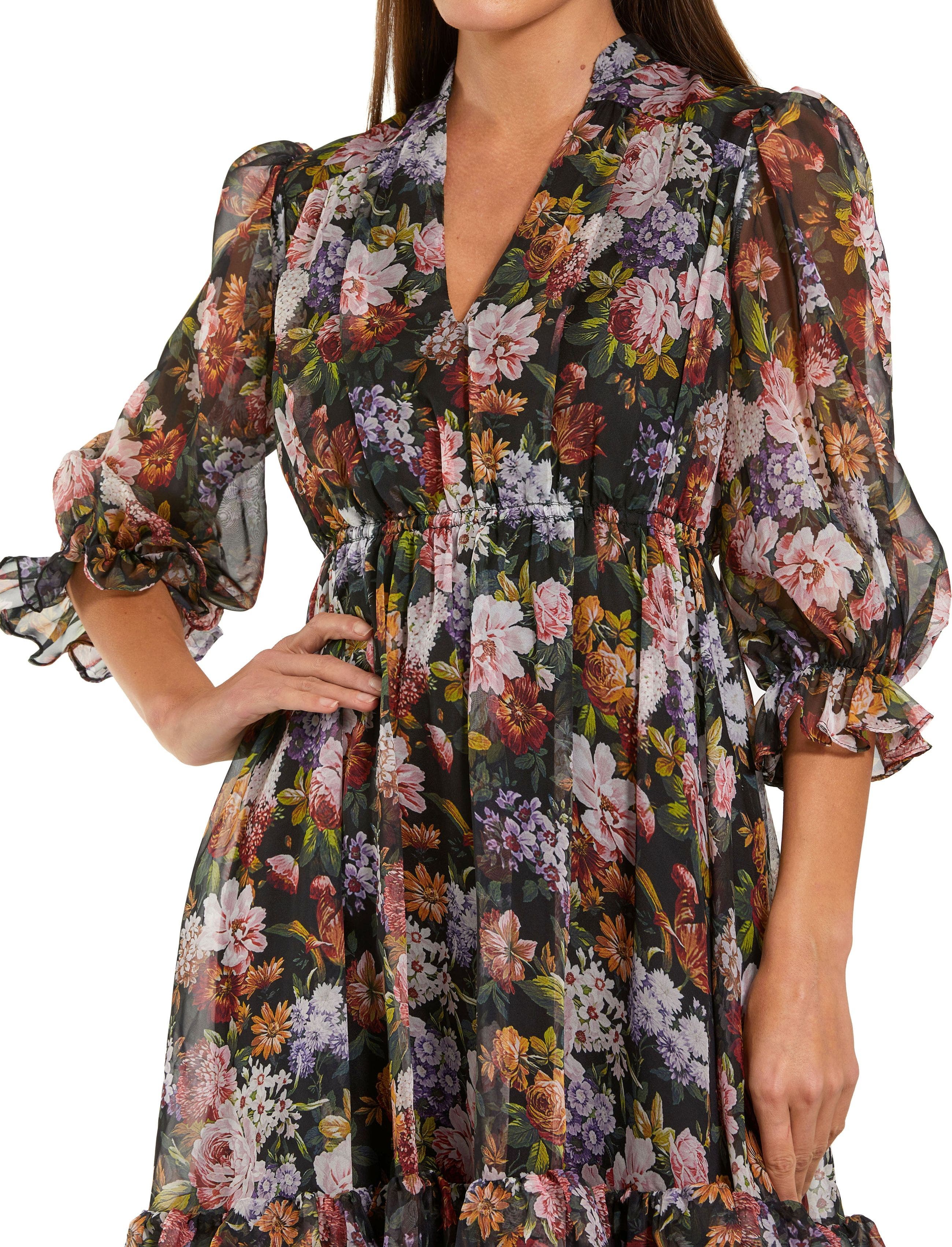 Mac Duggal Chiffon 3/4 Sleeve A Line Midi Dress With Ruffles (Women ...