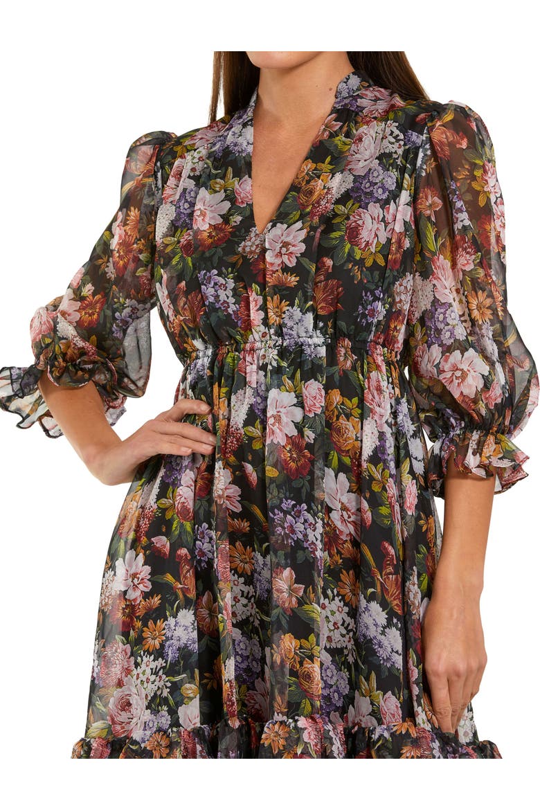 Chiffon 3/4 Sleeve A Line Midi Dress With Ruffles, Alternate, color, Black Multi