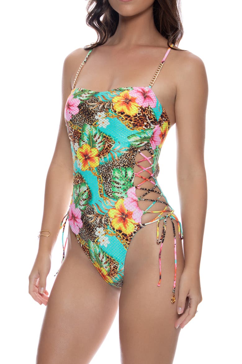 Chain Square Neck Laced Up One Piece, Alternate, color, Floral