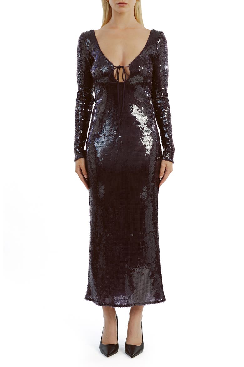 Verona Sequin Long Sleeve Maxi Dress, Main, color, DARK CHOCO