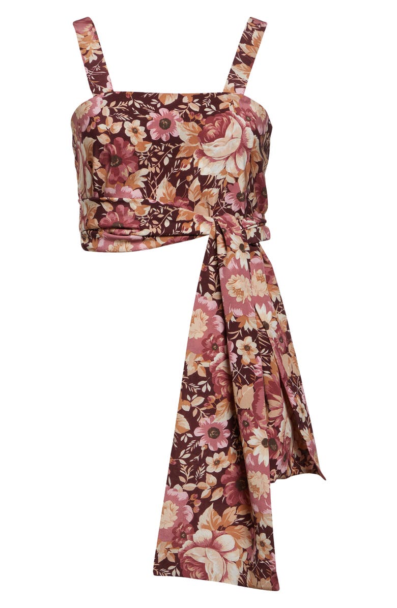 Chloé Floral Print Tie Front Silk Twill Crop Top, Alternate, color, Maroon Pink