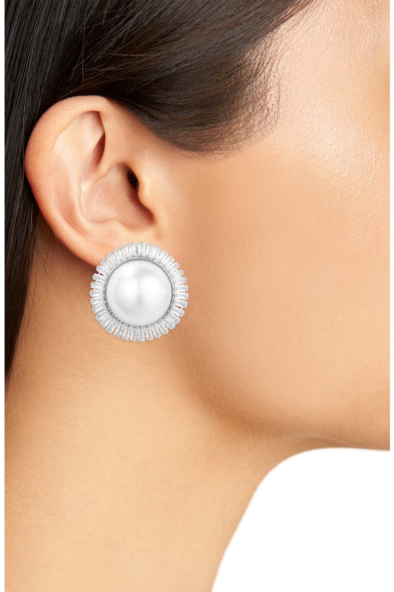 Crystal & Faux Pearl Button Stud Earrings, Alternate, color, SILVER CZ PEARL