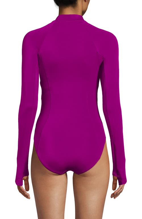 Lands' End Chlorine Resistant Zip Front Long Sleeve Tugless Sporty One Piece Swimsuit In Crimson Rose