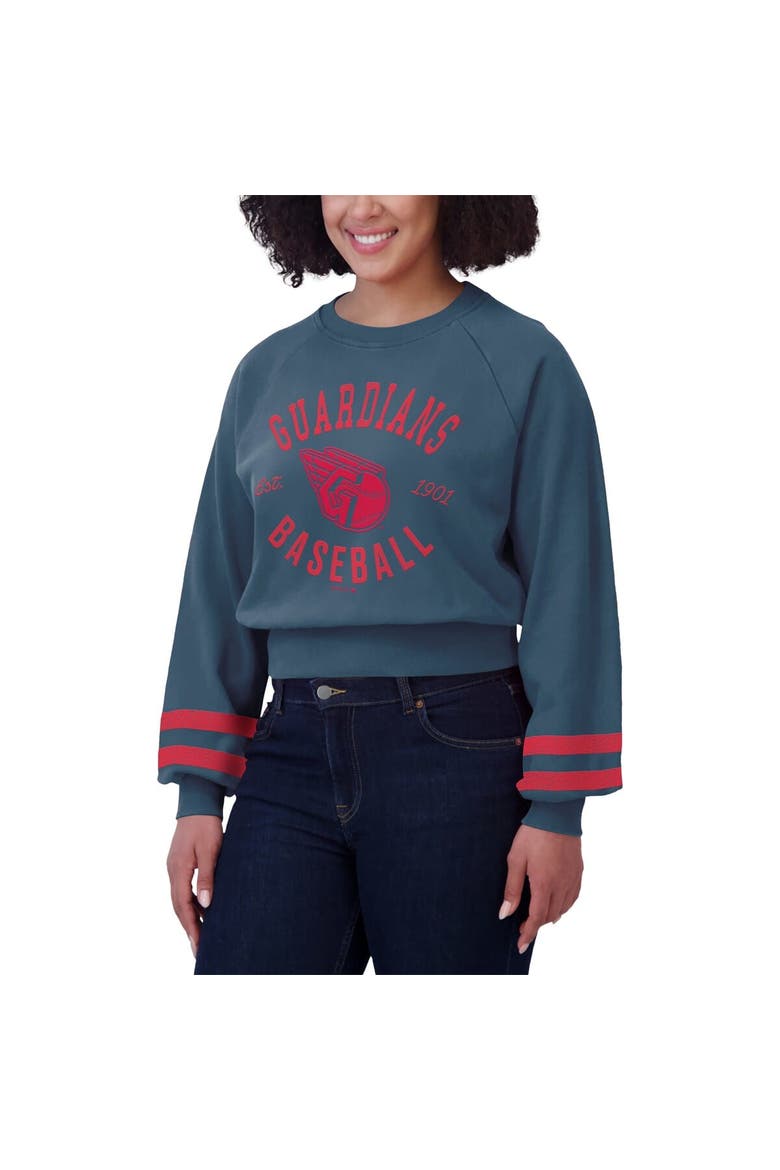 Women's WEAR by Erin Andrews  Navy Cleveland Guardians Vintage Washed Cropped Pullover Sweatshirt, Alternate, color, Navy