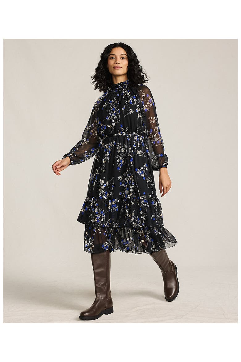 Crinkle Chiffon Ruffle Dress, Alternate, color, Black/Lapis Fall Floral