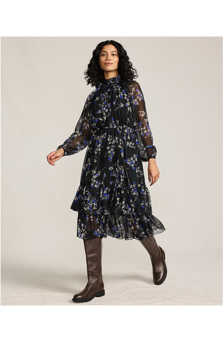 Lands' End Crinkle Chiffon Ruffle Dress, Alternate, color, Black/Lapis Fall Floral