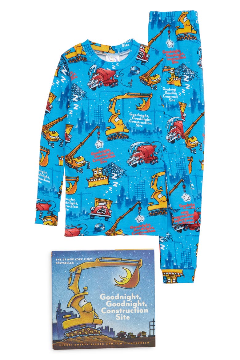 Goodnight Construction Site Fitted Two-Piece Pajamas & Book Set, Main, color, BLUE