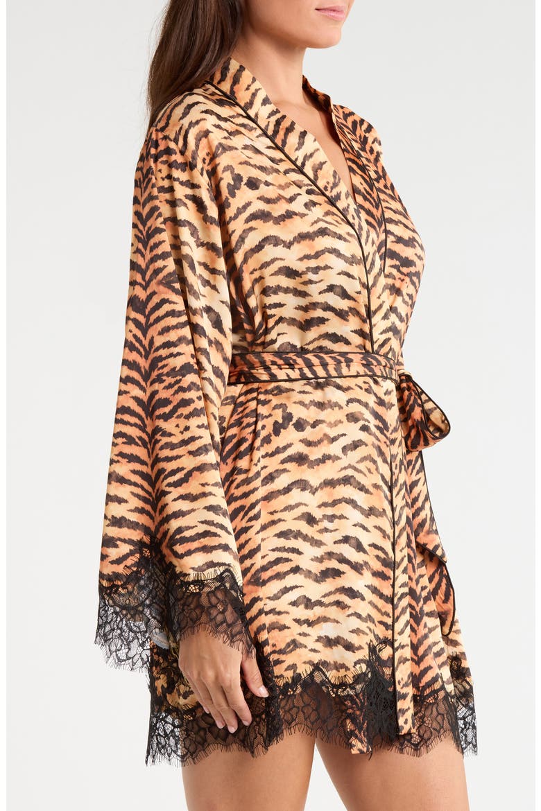 Tiger Print Lace Trim Short Robe, Alternate, color, TAN TIGER