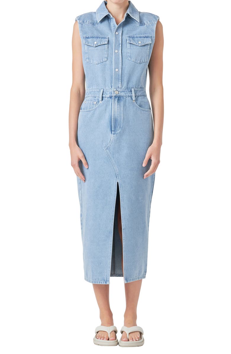 Grey Lab Power Shoulder Sleeveless Denim Shirtdress, Alternate, color,