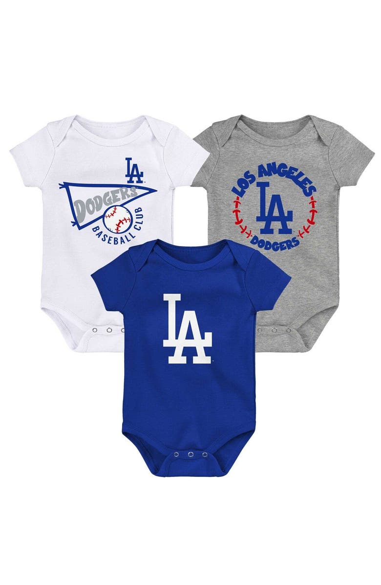 Outerstuff Infant Royal/White/Heather Gray Los Angeles Dodgers Biggest Little Fan 3-Pack Bodysuit Set, Main, color,