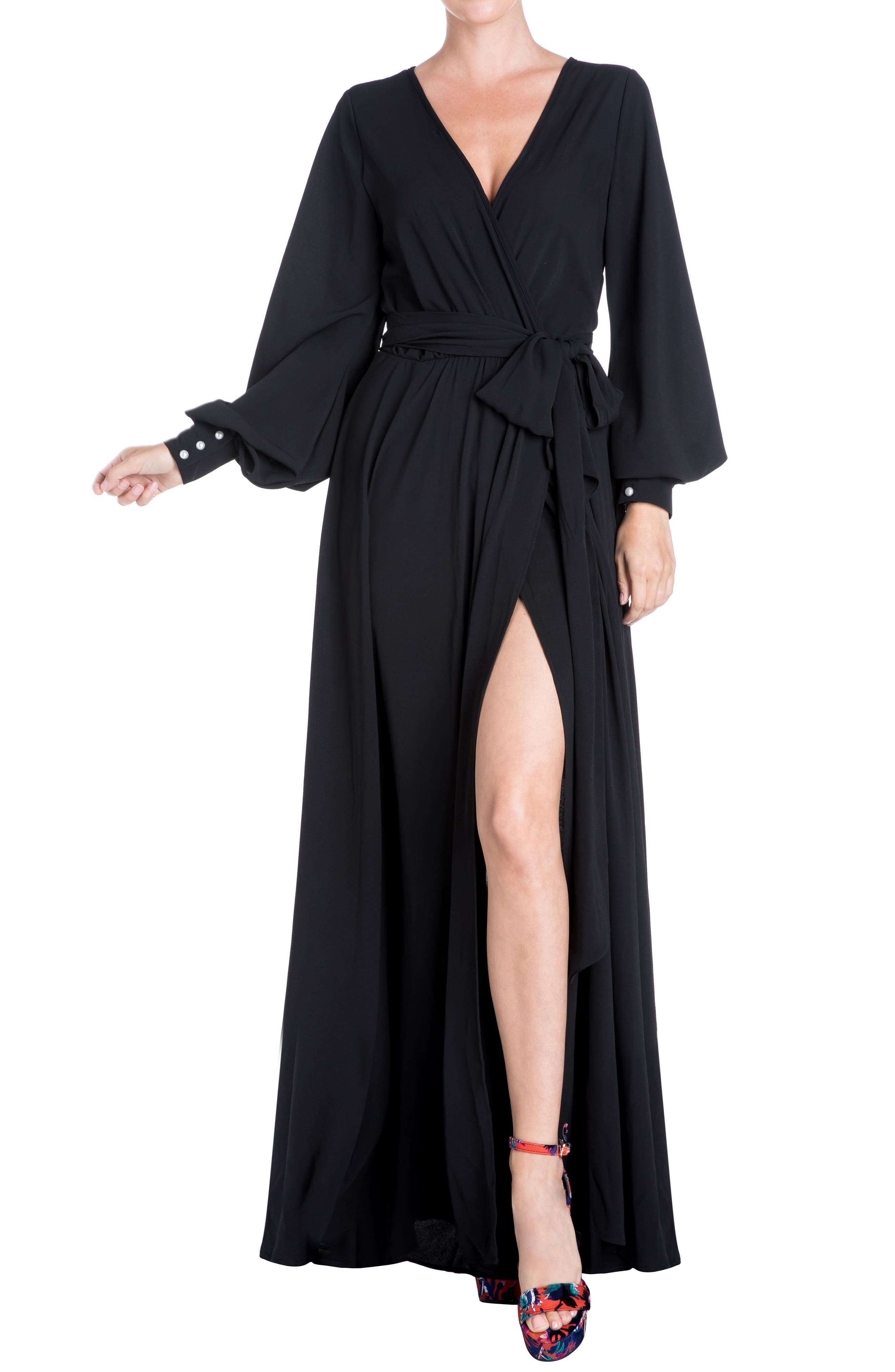 MEGHAN LA Surplice V-Neck Self Tie Wrap Maxi Dress