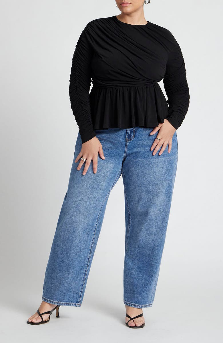 ELOQUII Ruched Matte Jersey Peplum Top, Alternate, color, 