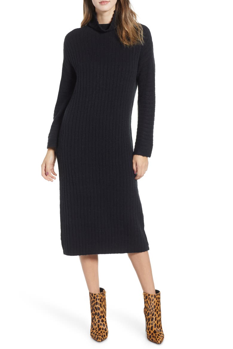 Rib Midi Sweater Dress, Main, color, BLACK