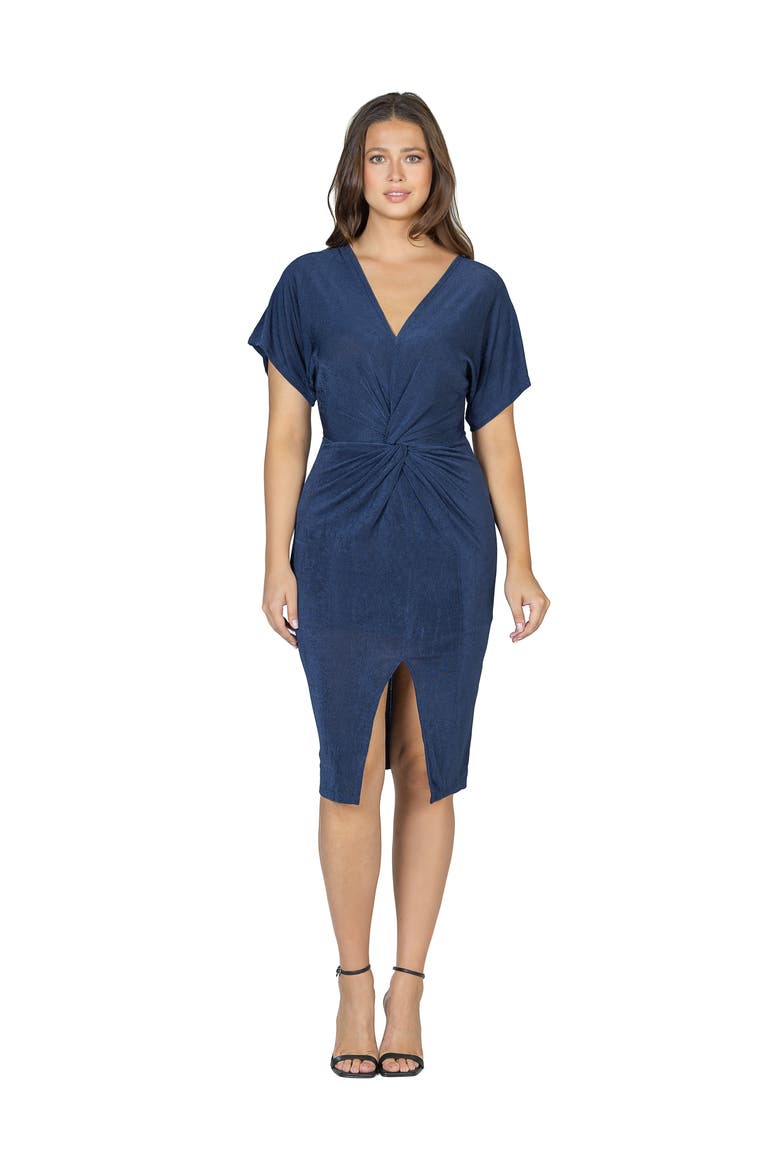 Womens Short Sleeve V Neck Twist Front Split Hem Dress, Main, color, Navy