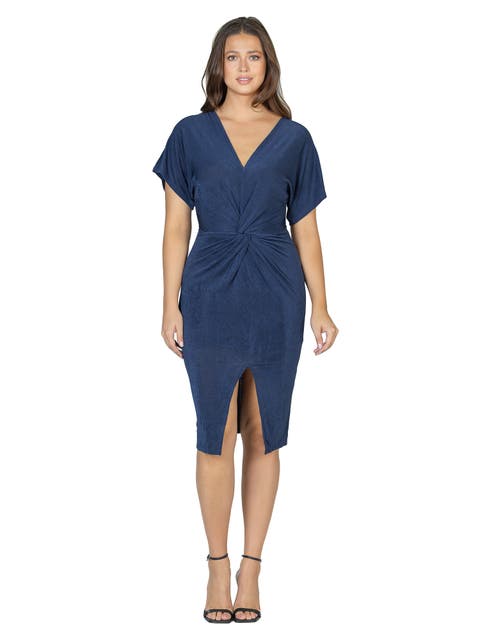 Womens Short Sleeve V Neck Twist Front Split Hem Dress