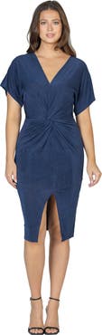 24seven Comfort Apparel Womens Short Sleeve V Neck Twist Front Split Hem Dress