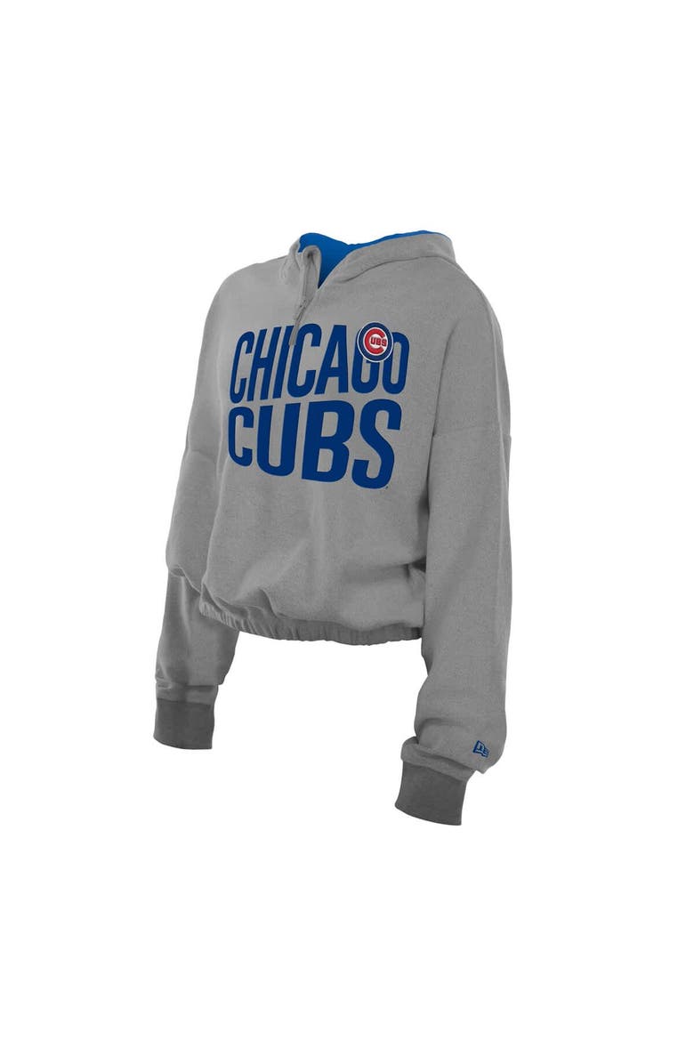 New Era Women's New Era Heather Gray Chicago Cubs Reversed Out French Terry Quarter-Zip Banded Crop Hoodie, Alternate, color, Heather Gray