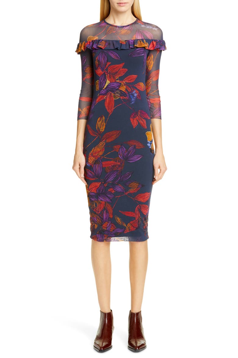 Floral Ruffle Trim Sheer Sleeve Dress, Main, color, AVIO