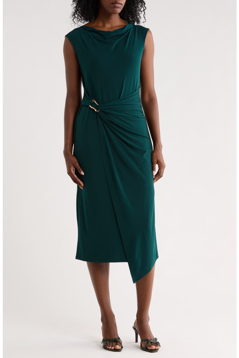 Hardware Detail Asymmetric Drape Midi Dress, Main, color, HUNTER
