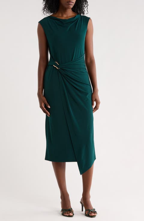 Hardware Detail Asymmetric Drape Midi Dress