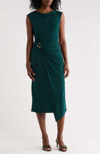 Hardware Detail Asymmetric Drape Midi Dress