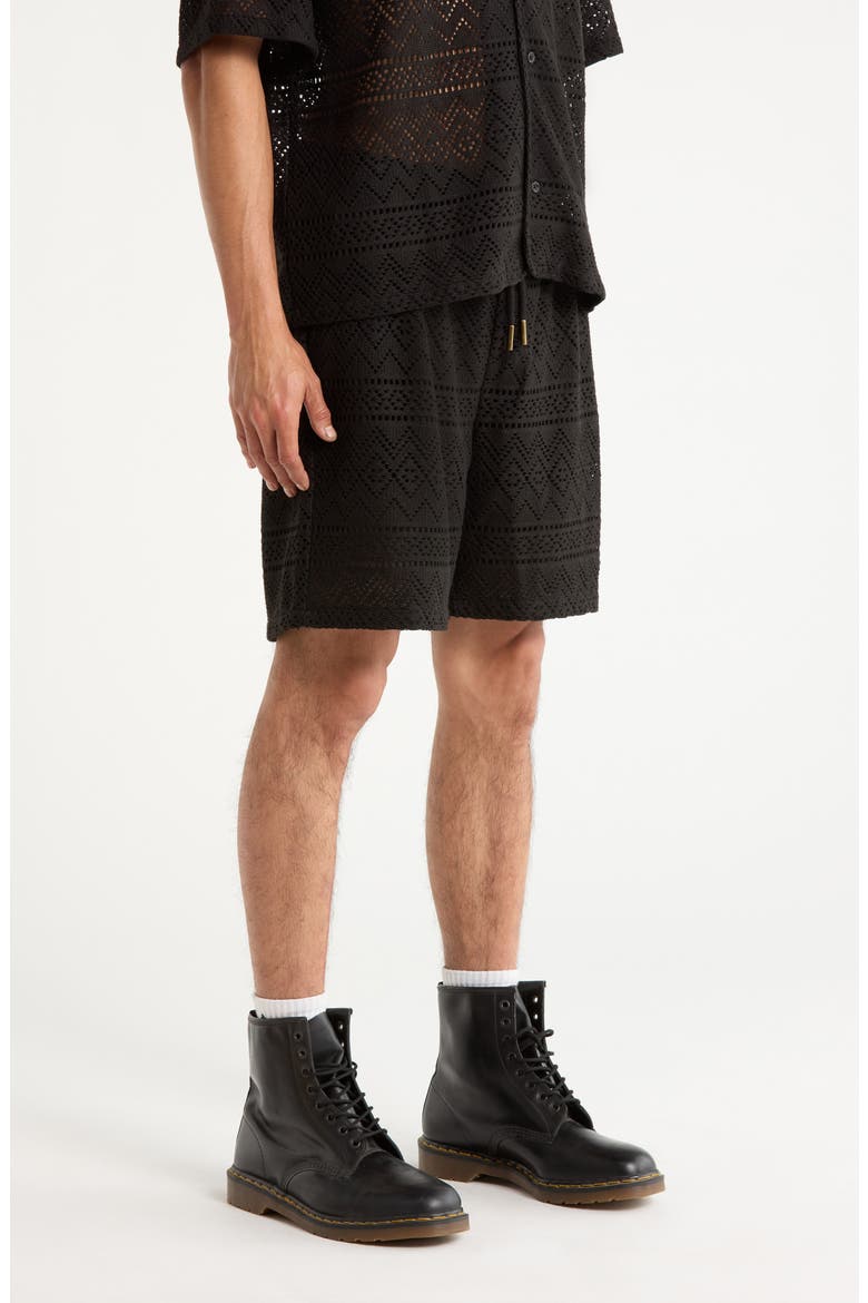Pointelle Crochet Cotton Blend Drawstring Shorts, Alternate, color, BLACK