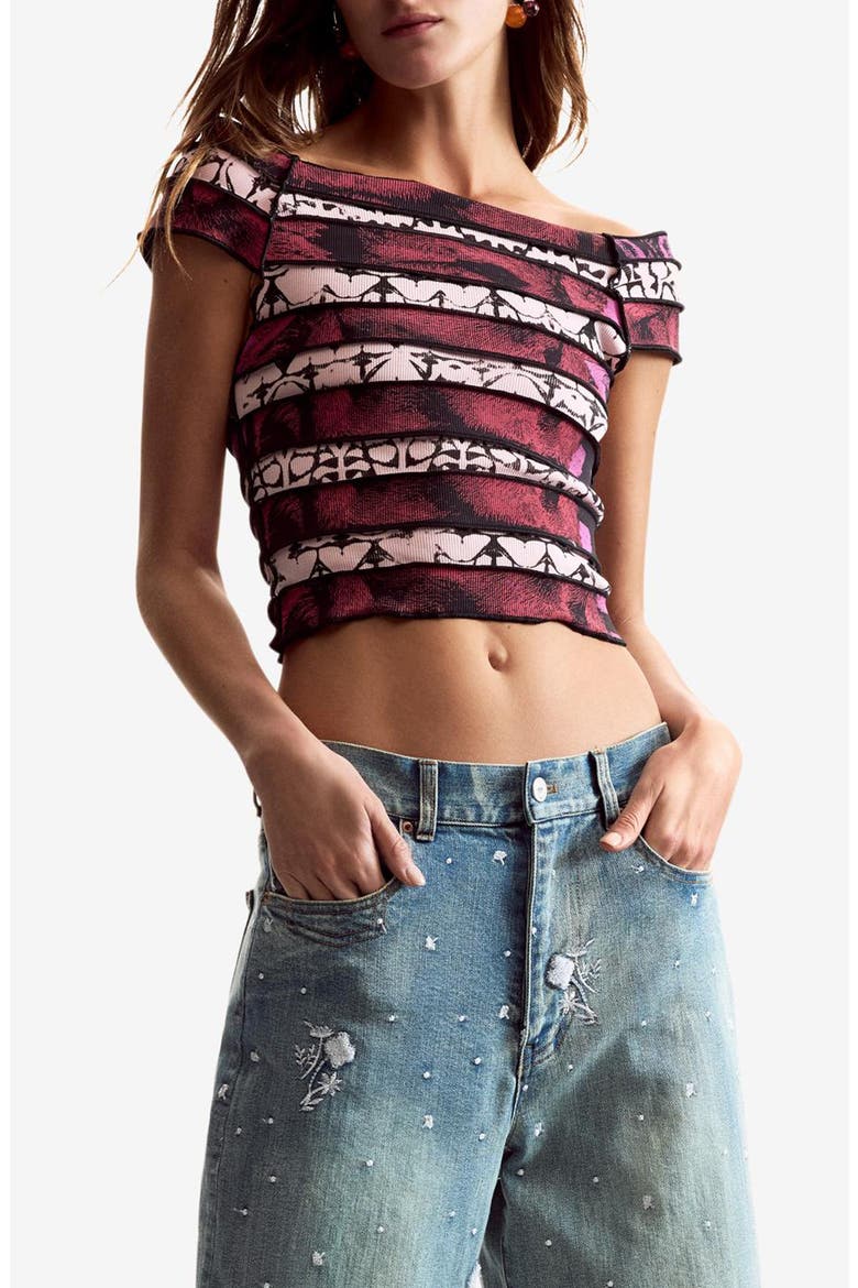 Paneled Off the Shoulder Stretch Cotton Crop Top, Main, color, FUCHSIA
